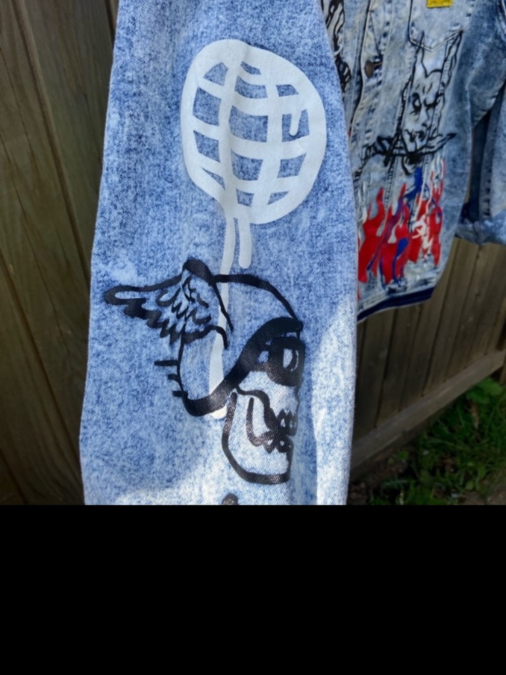 Men's Blue Graphic Denim Jacket with Red Flame Accents - Picture 9 of 10